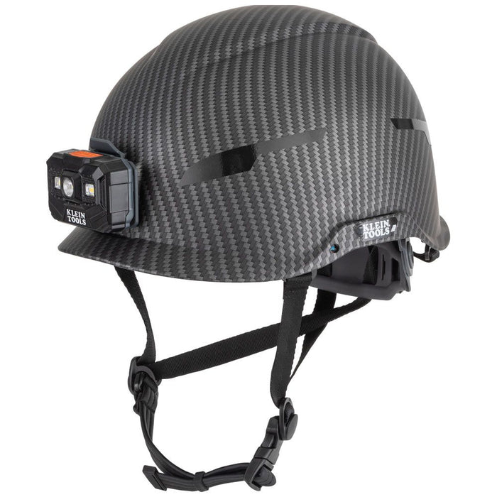 Klein Tools 60515 Safety Helmet, Non-Vented Class E with Rechargeable Lamp and Chin Strap, Premium KARBN Pattern, Tested up to 20kV