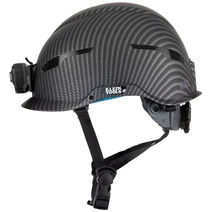 Klein Tools 60515 Safety Helmet, Non-Vented Class E with Rechargeable Lamp and Chin Strap, Premium KARBN Pattern, Tested up to 20kV