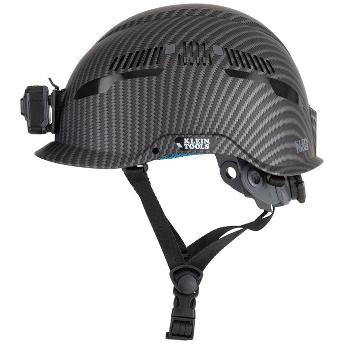 Klein Tools 60517 Safety Helmet, Vented Class C with Rechargeable Lamp and Chin Strap, Premium KARBN Pattern, Adjustable Vents