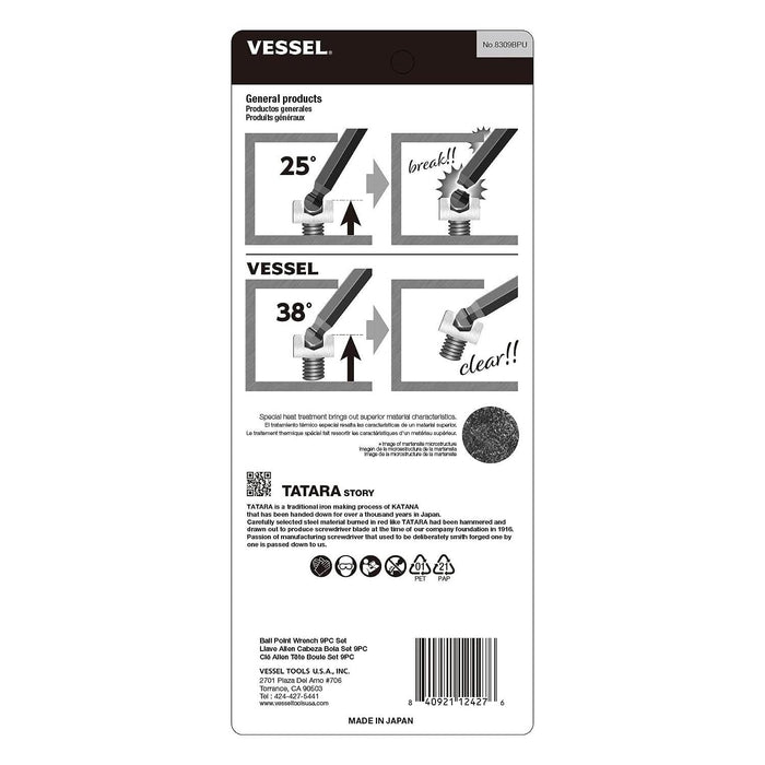 Vessel Tools 8309BPU Ball Point Hex L-Key Wrench 9 Piece Set
