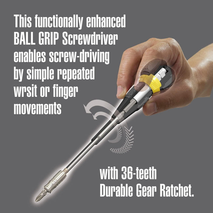 Vessel Tools 2200MBH120K01 Ball Grip Ratchet Interchangeable Screwdriver with 10 Piece Bit Set