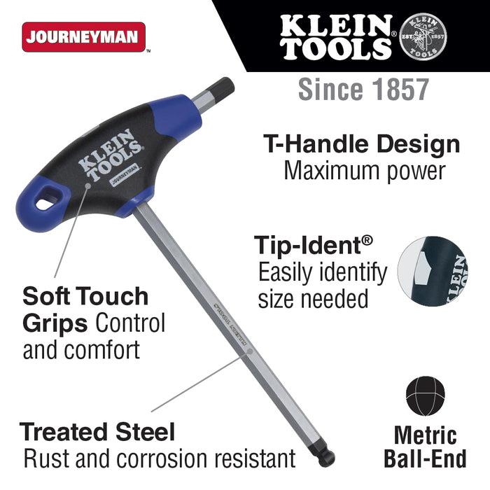 Klein Tools JTH6M3BE 3 mm Ball End Hex Key, Journeyman T-Handle, 6-Inch