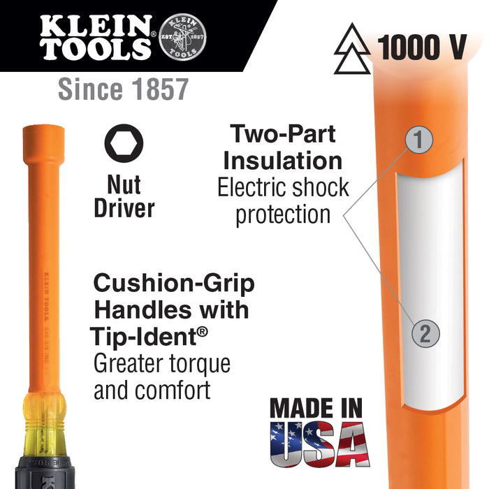 Klein Tools 646-11/32-INS 11/32 x 6" Hex Insulated Cushion-Grip Hollow-Shank Nut Driver