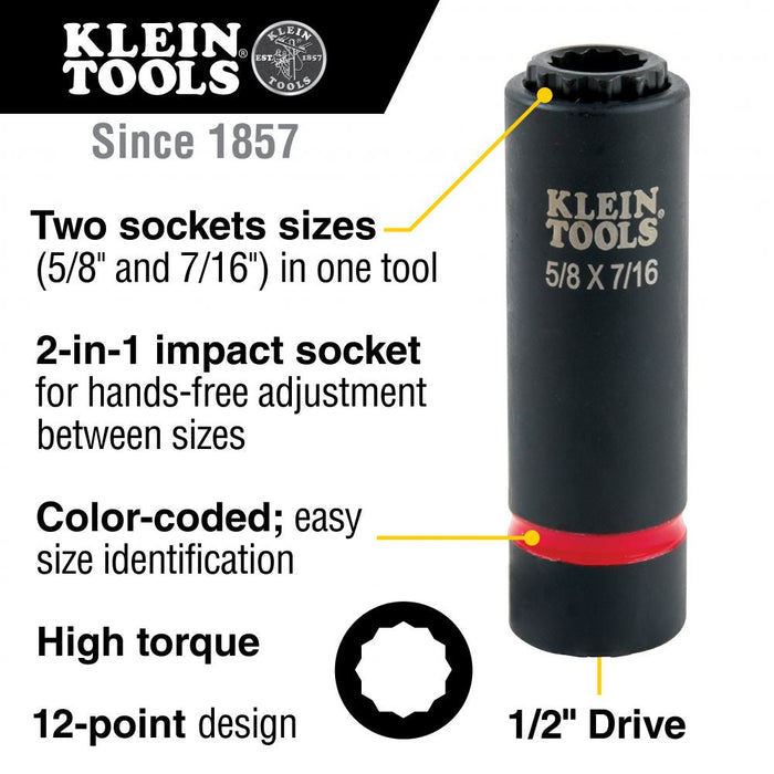 Klein Tools 66012 2-in-1 Impact Socket, 12-Point, 5/8 and 7/16-Inch