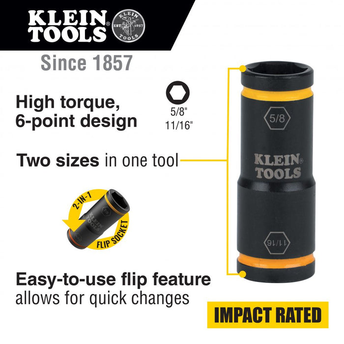 Klein Tools 66075 Flip Impact Socket, 11/16 and 5/8-Inch