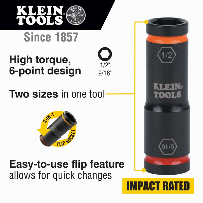 Klein Tools 66076 Flip Impact Socket, 9/16 and 1/2-Inch