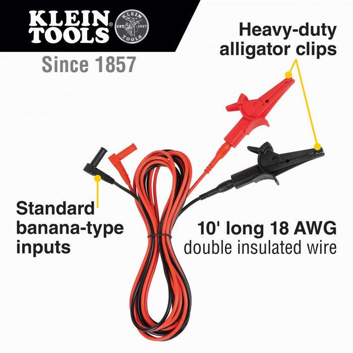 Klein Tools 69367 Alligator Clip Test Leads, Heavy-Duty Replacement Meter Leads, for All Meters Using Banana Plug Meter Leads, 10-Foot