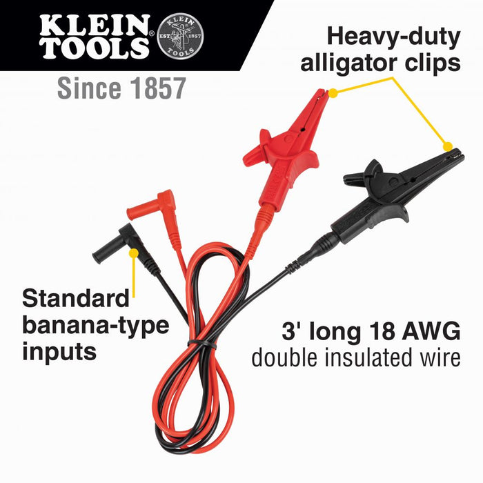 Klein Tools 69381 Alligator Clip Test Leads, Heavy-Duty Replacement Meter Leads, for All Meters Using Banana Plug Meter Leads, 3-Foot