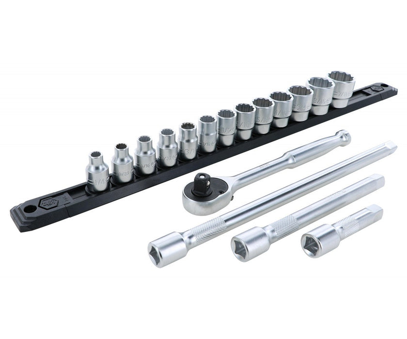 Wiha 33790 3/8" Inch Drive 12 Point Socket Set, 1/4" to 7/8" with Ratchet and Extensions, 17 Pc.