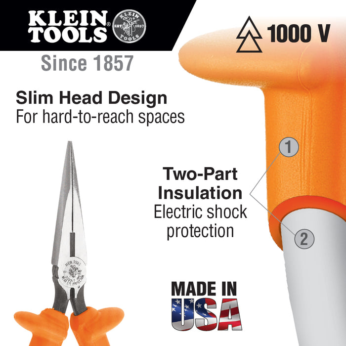 Klein Tools D203-8N-INS Insulated Heavy Duty Long-Nose Side Cutting Pliers