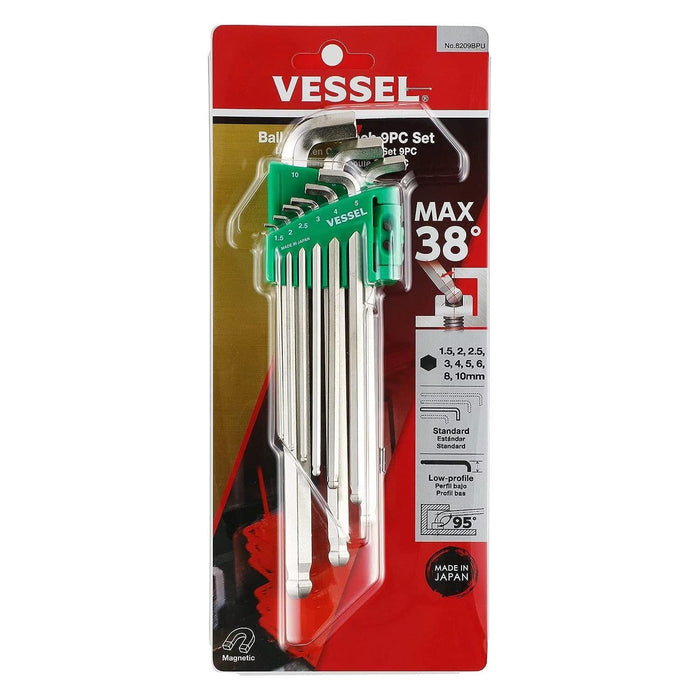 Vessel Tools 8209BPU Ball Point Hex L-Key Wrench Stubby 9 Piece Set
