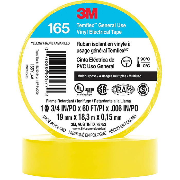 3M Temflex Vinyl Electrical Tape 165, Yellow, 3/4 in x 60 ft, 6 mil, 10 Pack