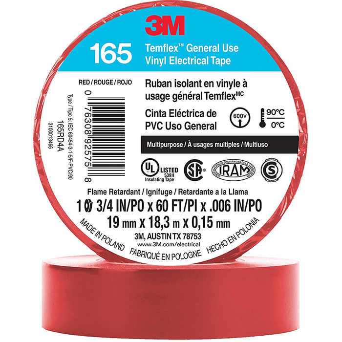 3M Temflex Vinyl Electrical Tape 165, Red, 3/4 in x 60 ft, 6 mil, 10 Pack