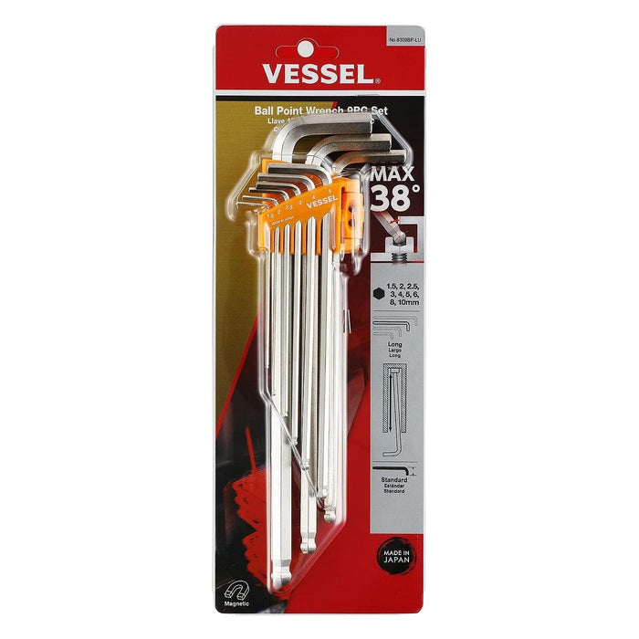 Vessel Tools 8309BPLU Ball Point Hex L-Key Wrench (Long Type) 9 Piece Set