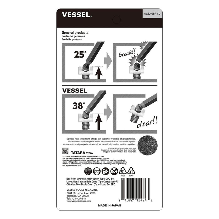 Vessel Tools 8209BPSU Ball Point Hex L-Key Wrench Stubby 9 Piece Set