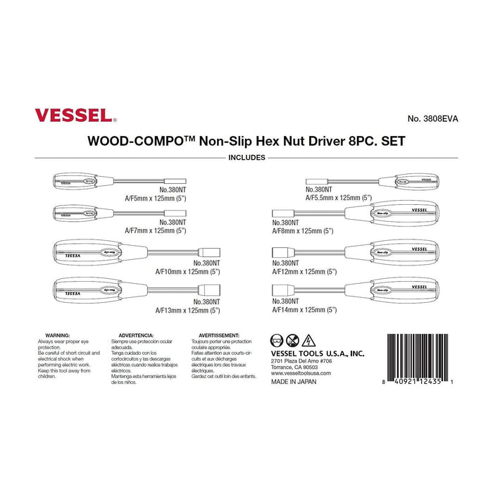 Vessel Tools 3808EVA WOOD-COMPO Non-Slip Hex Nut Driver 8 Piece Set