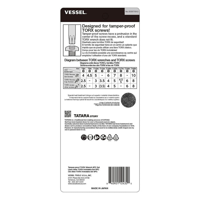 Vessel Tools 8509TXHU Tamper-proof TORX® L-Key Wrench 9 Piece Set