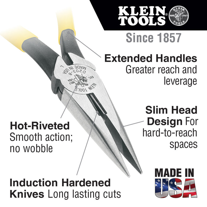 Klein Tools D203-8-GLW 8" Hi-Viz Long-Nose Pliers with Side-Cutting