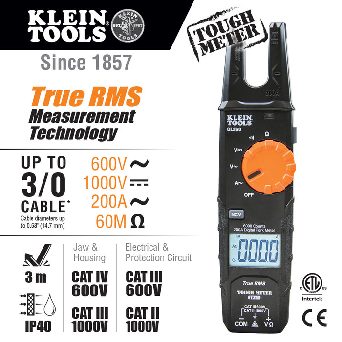Klein Tools CL360 Open Jaw Fork Meter, AC Auto-Ranging 200 Amp