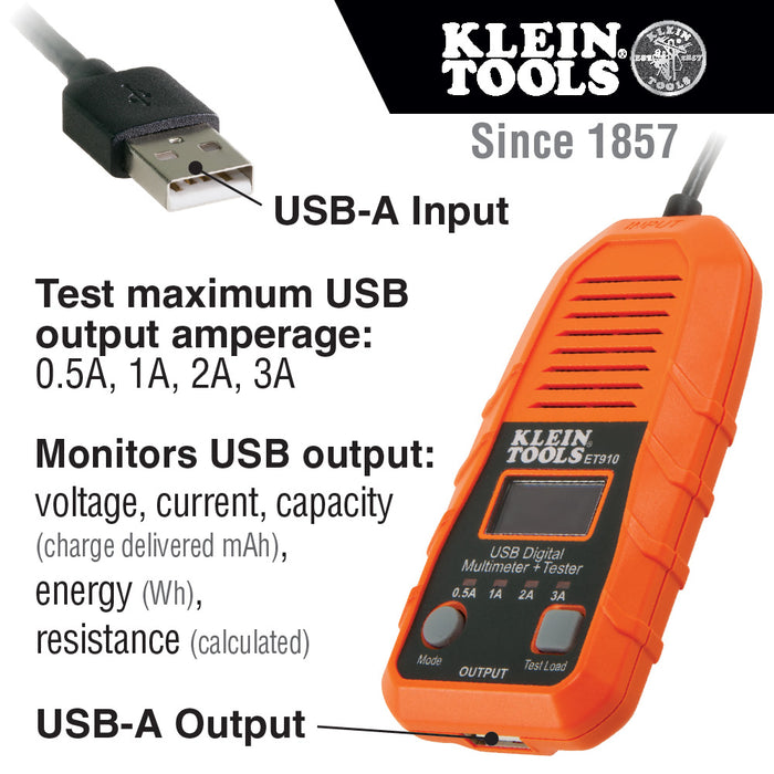 Klein Tools ET910 USB Digital Meter and Tester, USB-A (Type A)