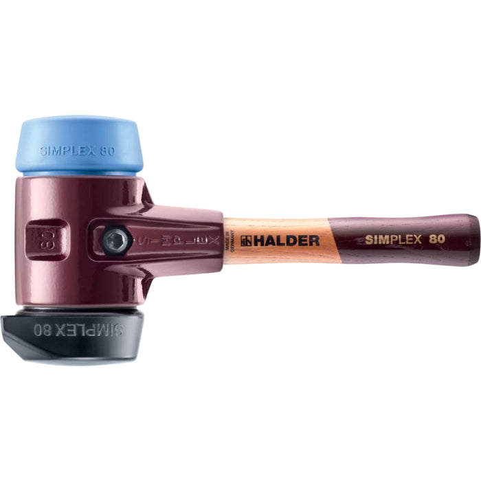 Halder 3012.282 Simplex Mallet with Soft Blue Rubber (non-marring)  and STAND-UP Black Rubber Inserts / Cast Iron Housing and Wood Handle / SHORT HANDLE