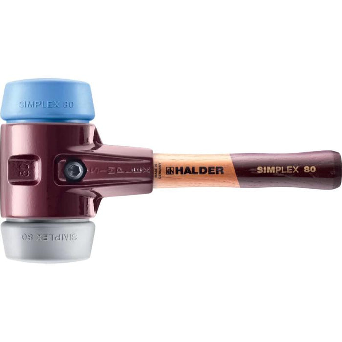 Halder 3013.082 Simplex Mallet with Soft Blue Rubber and Grey Rubber Inserts, Non-Marring  / Cast Iron Housing and Wood Handle / SHORT HANDLE