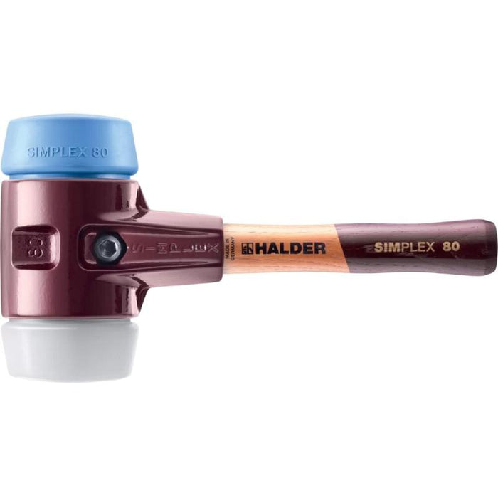 Halder 3017.082 Simplex Mallet with Soft Blue Rubber (non-marring) and Superplastic Inserts  / Cast Iron Housing and Wood Handle / SHORT HANDLE