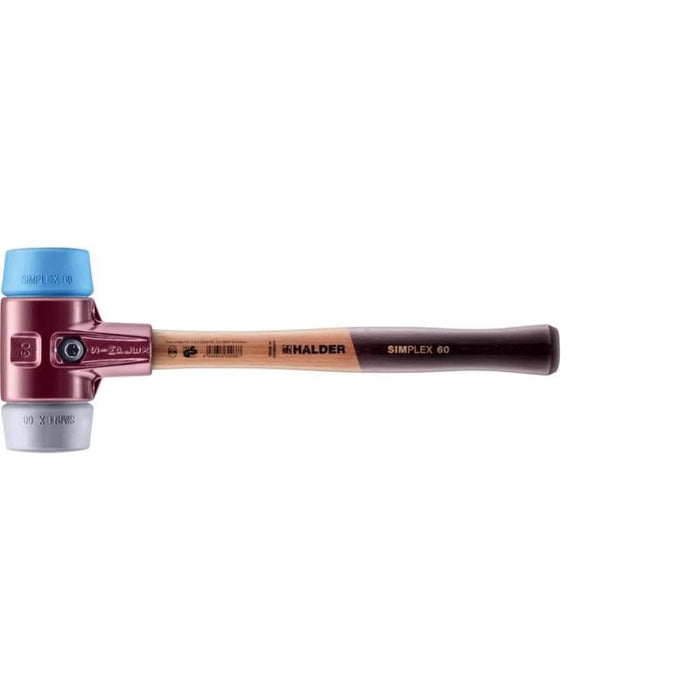 Halder 3013.060 Simplex Mallet with Soft Blue Rubber and Grey Rubber Inserts, Non-Marring /Cast Iron Housing and Wood Handle