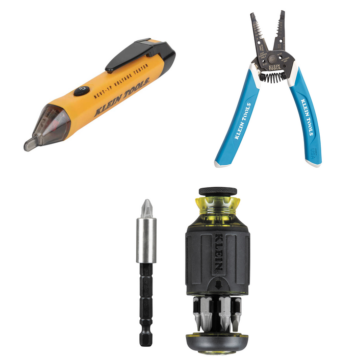 Klein Tools Outlet Repair Kit with Voltage Tester, Wire Stripper, and Stubby Multi-bit Screwdriver, 3 Pc.