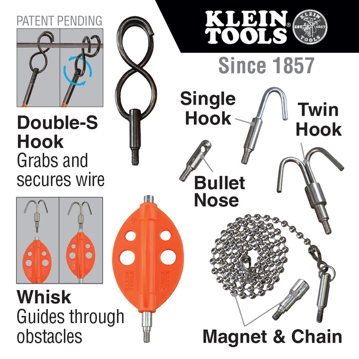 Klein Tools 56511 Splinter Guard Wire Fish Rod and Glow Rod Attachment Set with Double-S Hook and More 7-Piece
