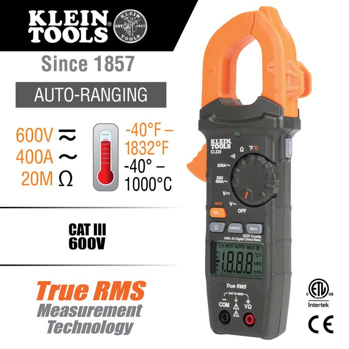 Klein Tools CL220 Digital Clamp Meter, AC Auto-Ranging 400 Amp with Temp