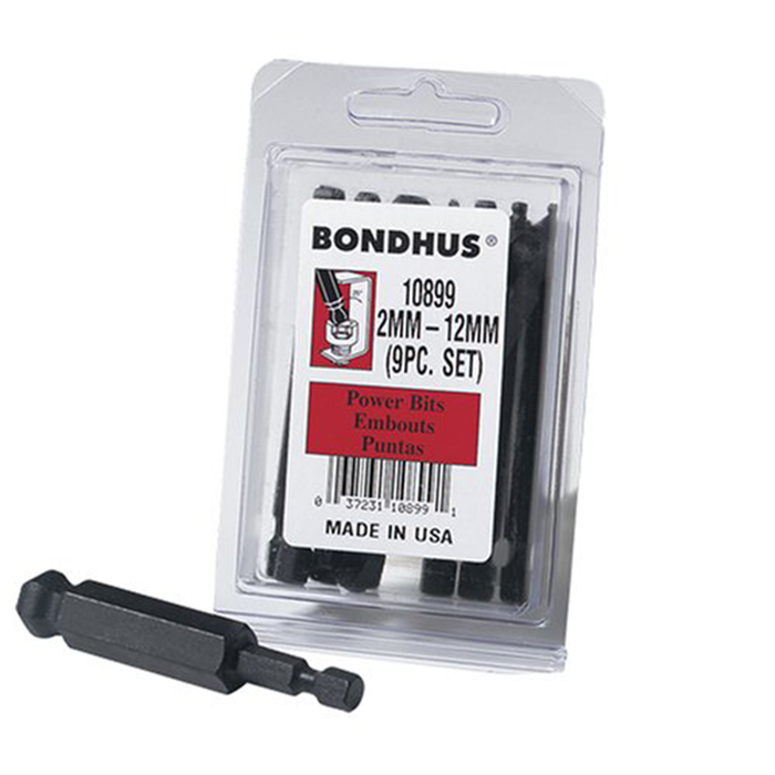 Bondhus 10899 Set of 9 Balldriver Hex Power Bits, Sizes 2-12mm