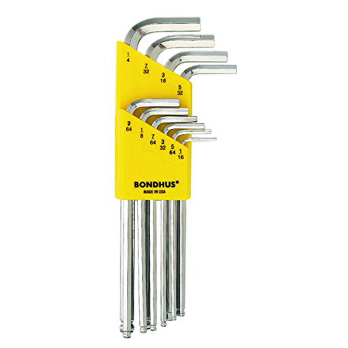 Bondhus 16938 Set of 10 Balldriver L-wrenches with BriteGuard Finish, Long Length, Sizes 1/16-1/4"