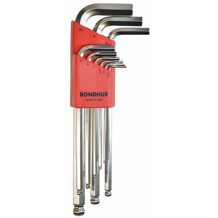 Bondhus 16999 Ball End Tip Hex Key L-Wrench Set with BriteGuard Finish and Long Arm, 9 Piece