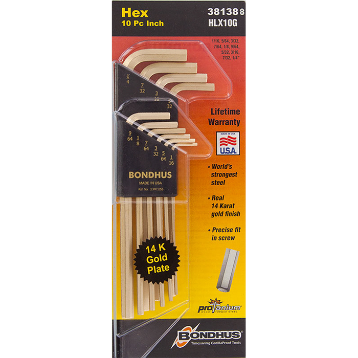 Bondhus 38138 Set of 10 Hex L-wrenches with GoldGuard Finish, Long Length, Sizes 1/16-1/4"