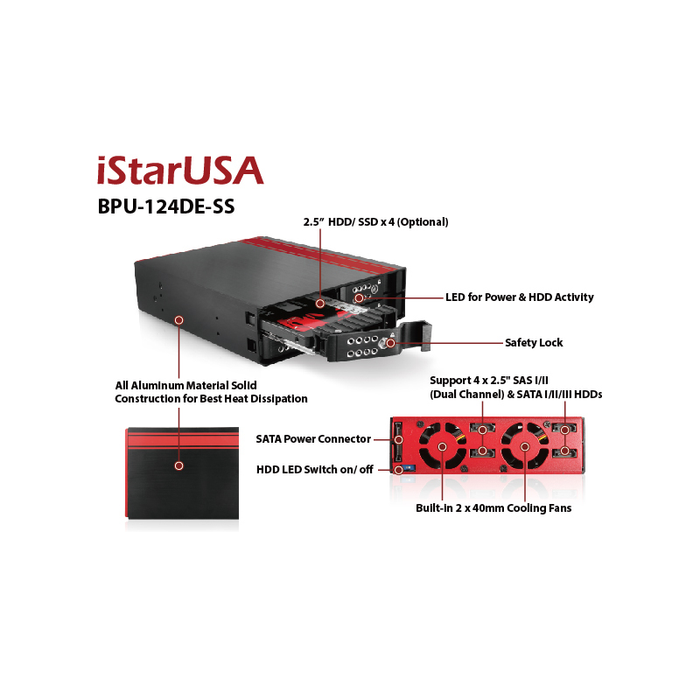 iStarUSA BPU-124DE-SS  5.25" to 4x 2.5" SATA SAS 6 Gbps HDD SSD Hot-swap Rack