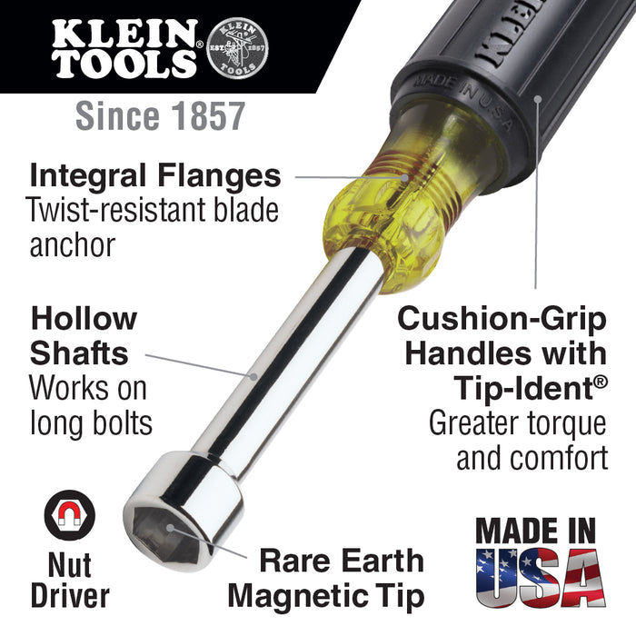 Klein Tools 630M 1/4" & 5/16" Magnetic Tip Nut Driver Set on 3" Hollow Shank, 2 Piece