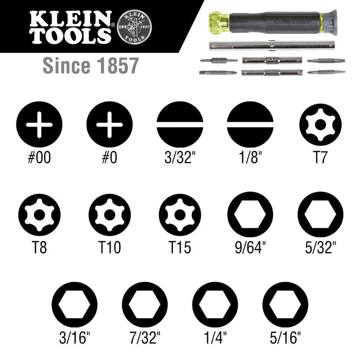Klein Tools 32314 Electronic Screwdriver, 14-in-1 with 8 Precision Tips, Slotted, Phillips, and Tamperproof TORX® Bits, 6 Precision Nut Drivers