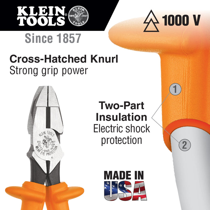 Klein Tools D213-9NE-CR-INS 9" Insulated High-Leverage Side-Cutting Pliers-Connector Crimping
