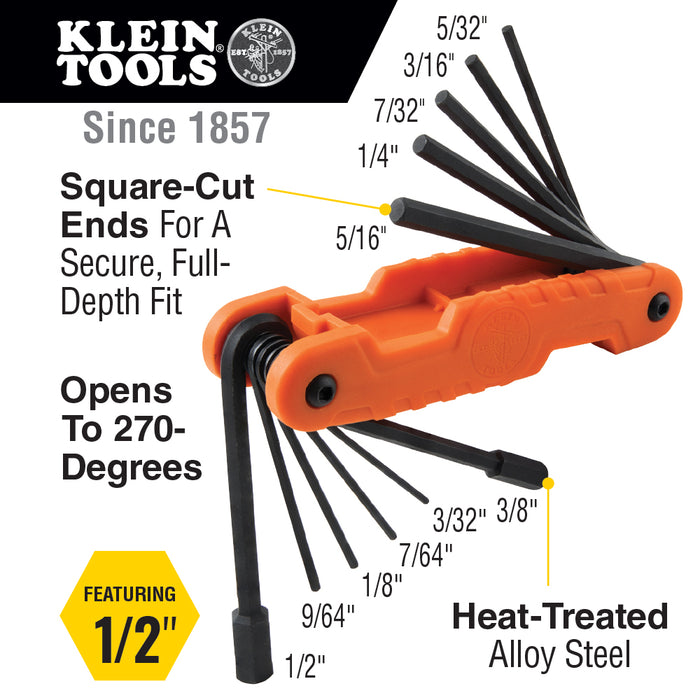 Klein Tools 70550 Pro Hex Key Set, 11 SAE Sizes, Heavy Duty Folding Allen Wrench Tool with Extended Length Keys