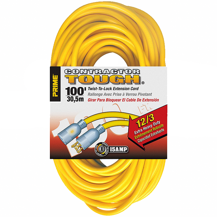 Prime Wire & Cable EC730835 100' 12/3 SJTW Twist -to-Lock Contractor Outdoor Extension Cord with Prime light Indicator Light, Yellow