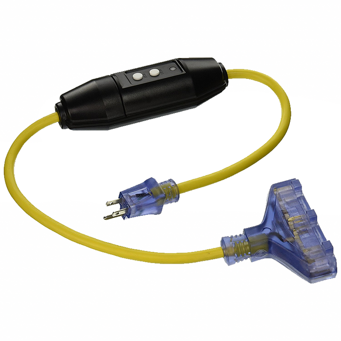 Prime Wire & Cable GF320803 Shock Safe 3' 12/3 Yellow In-Line Ground Fault Circuit Interrupter Triple Tap Adapter