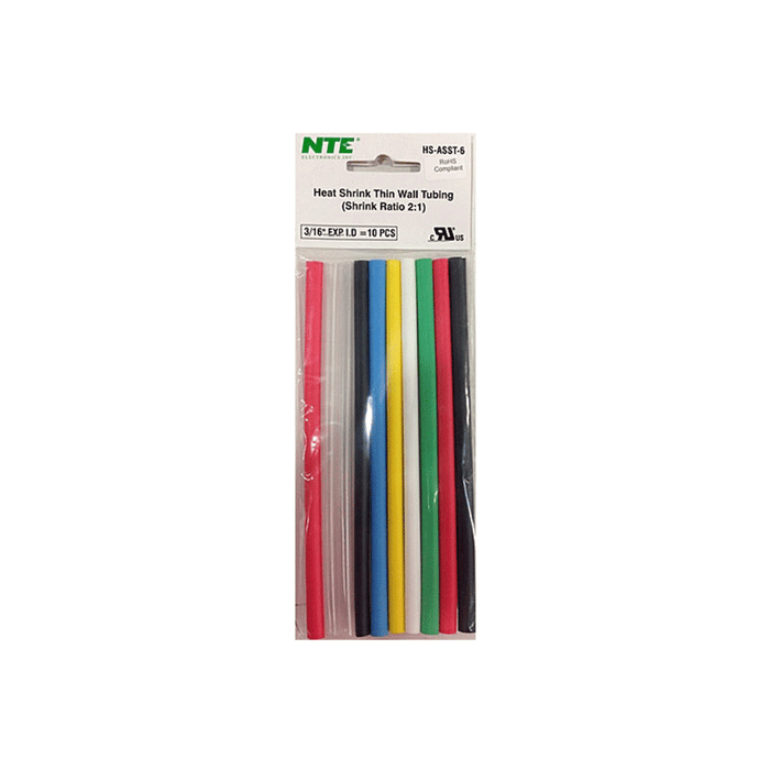 NTE Electronics HS-ASST-10 Thin Wall Heat Shrink Tubing Kit Assorted Colors 6" Length 1/16" Dia. 10 Pieces