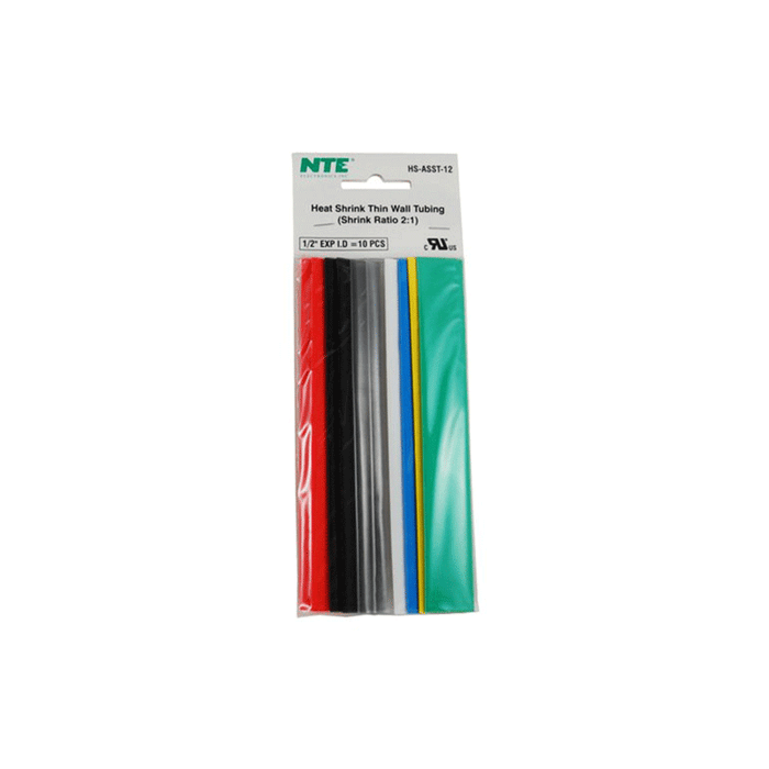 NTE Electronics HS-ASST-11 Thin Wall Heat Shrink Tubing Kit Assorted Colors 6" Length 3/32" Dia. 10 Pieces