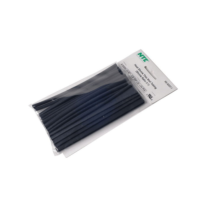 NTE Electronics HS-ASST-1 Thin Wall Heat Shrink Tubing Kit Black Assorted Dia. 6" Length 24 Pieces