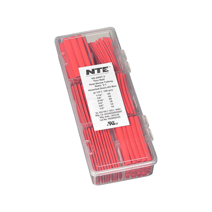 NTE Electronics HS-ASST-3 Thin Wall Heat Shrink Tubing Kit Red Assorted Dia. 2-1/2" Length 158 Pieces