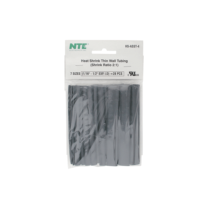 NTE Electronics HS-ASST-4 Thin Wall Heat Shrink Tubing Kit Black Assorted Dia. 4" Length 24 Pieces