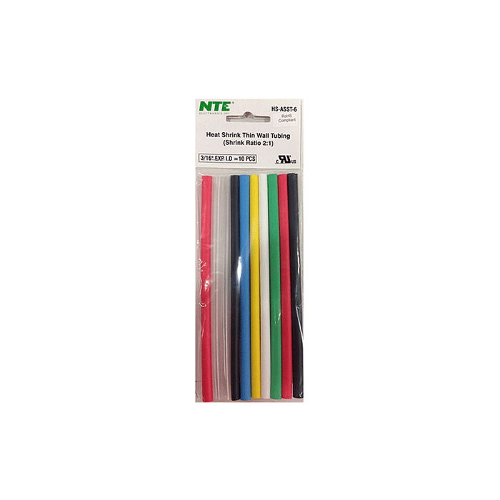 NTE Electronics HS-ASST-6 Thin Wall Heat Shrink Tubing Kit Assorted Colors 6" Length 3/16" Dia. 10 Pieces