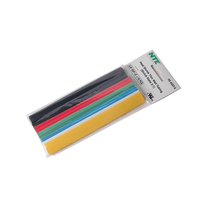NTE Electronics HS-ASST-8 Thin Wall Heat Shrink Tubing Kit Assorted Colors 6" Length 3/8" Dia. 10 Pieces
