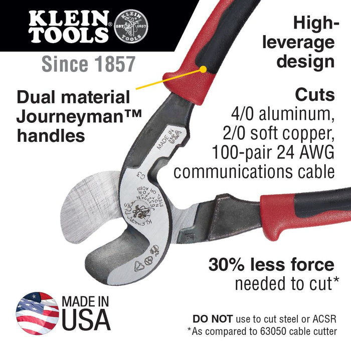 Klein Tools J63225N Journeyman High-Leverage Wire Cable Cutter and Stripper for Cutting Aluminum, Soft Copper and Communications Cable